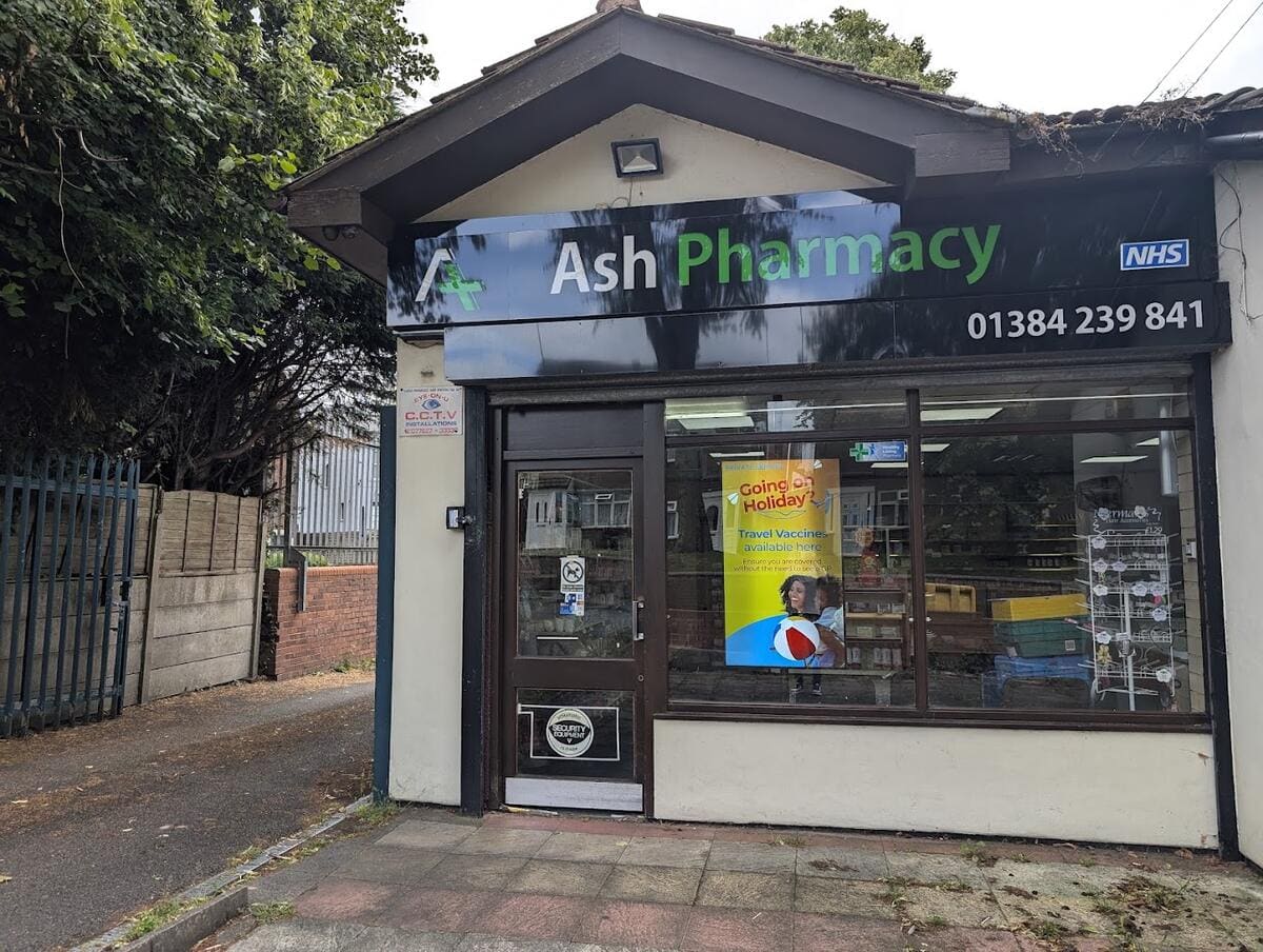 Ash Pharmacy shopfront on Bean Road in Dudley